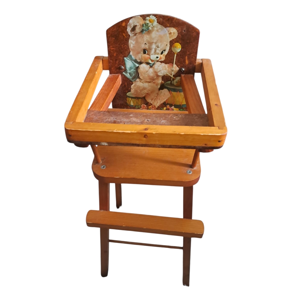VTG DOLL Wooden High Chair lift up tray Antique toy baby bear child's play